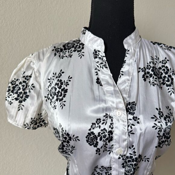Quizz Again Satin Floral Blouse Y2K Puff Sleeve Tie Waist Romantic Glam Sz S - Picture 2 of 6